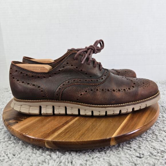 Cole Haan ZeroGrand Brown Leather Rustic Medallion Wingtip Oxford Mens 9.5 M - Picture 3 of 14